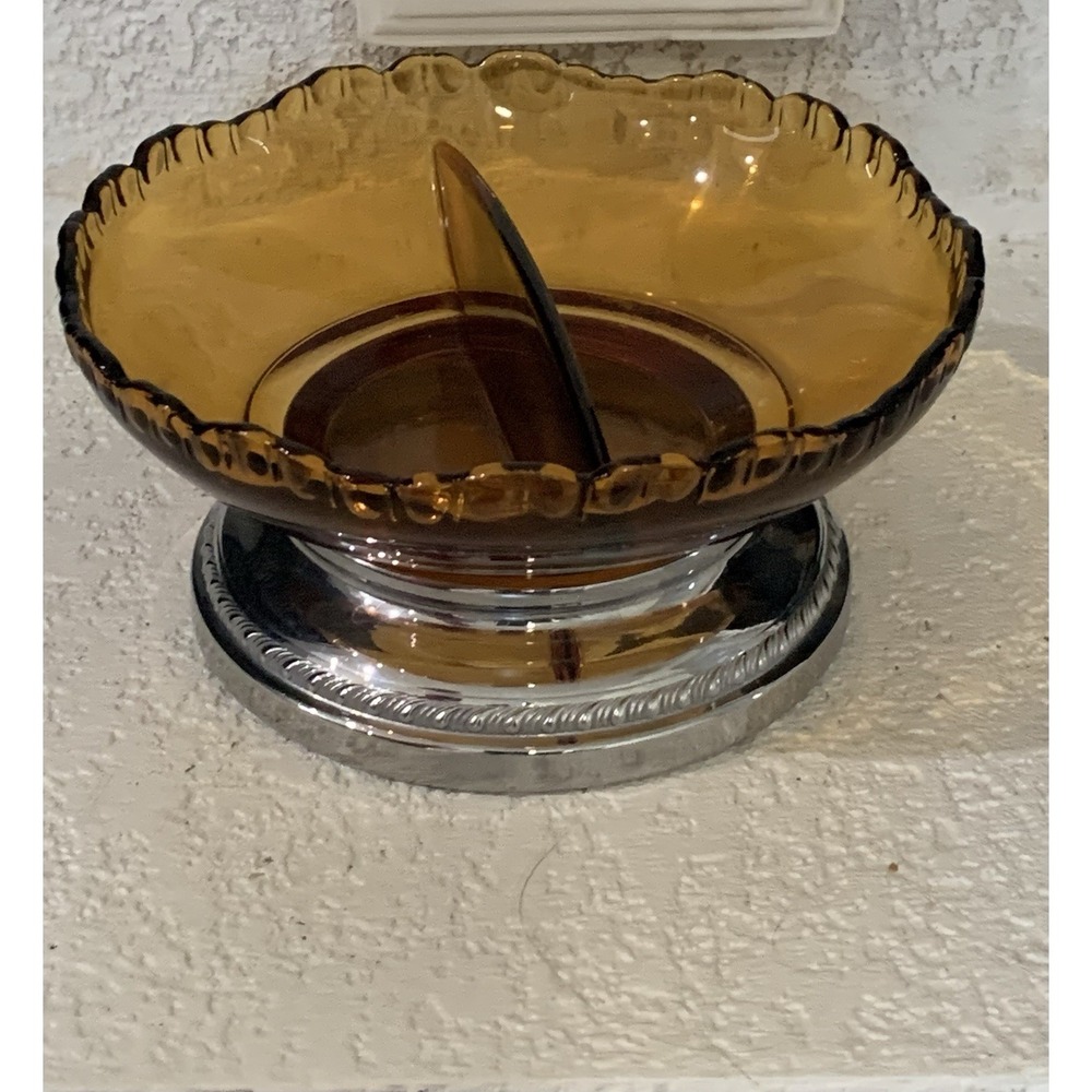 Art Deco Farber Bros. Krome-Kraft Divided Amber Glass Silver Candy Dish Bowl